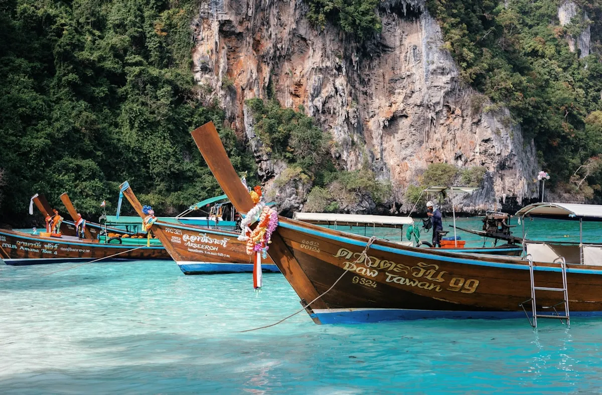 Boats moored in scenic Phuket bay